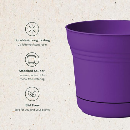 Bloem Saturn 5" Royal Lilac Round Resin Planter Pot with Snap-in Saucer for Indoor and Outdoor Gardening