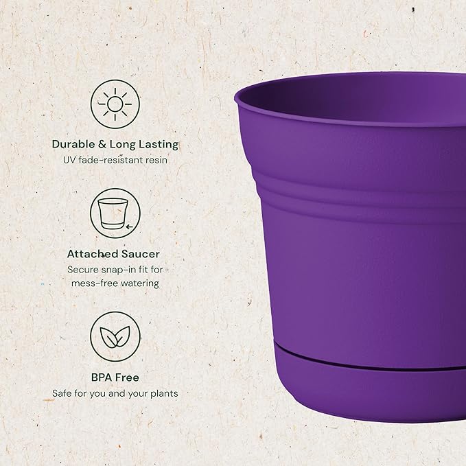 Bloem Saturn 7" Royal Lilac Round Resin Planter Pot with Snap-in Saucer for Indoor and Outdoor Gardening