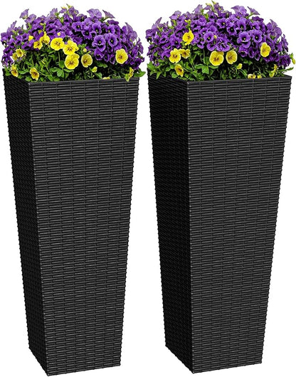 Greesum 32 Inch Tall Plastic Planters with Rattan Texture – Set of 2, Detachable Inner Pot & Drainage Holes, Indoor/Outdoor Decorative Flower Pots for Large Plants, Trees, Patio, and Garden, Black