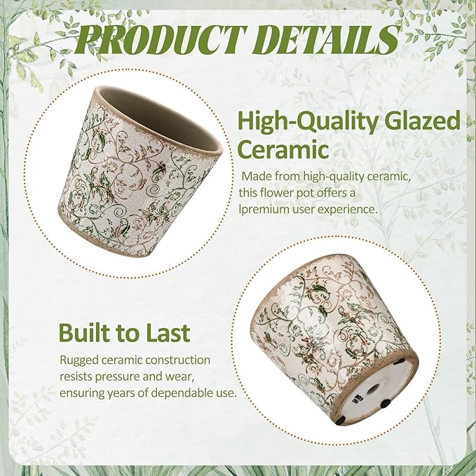 Farmhouse Ceramic Planter 5.5 Inch Large Plants Pot Ice Crack Beige Green Floral Vines Plant Pots with Drainage Hole Indoor Plants Kitchen Rustic Antique Decor Gift