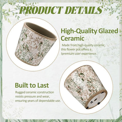 Farmhouse Ceramic Planter 5.5 Inch Large Plants Pot Ice Crack Beige Green Floral Vines Plant Pots with Drainage Hole Indoor Plants Kitchen Rustic Antique Decor Gift