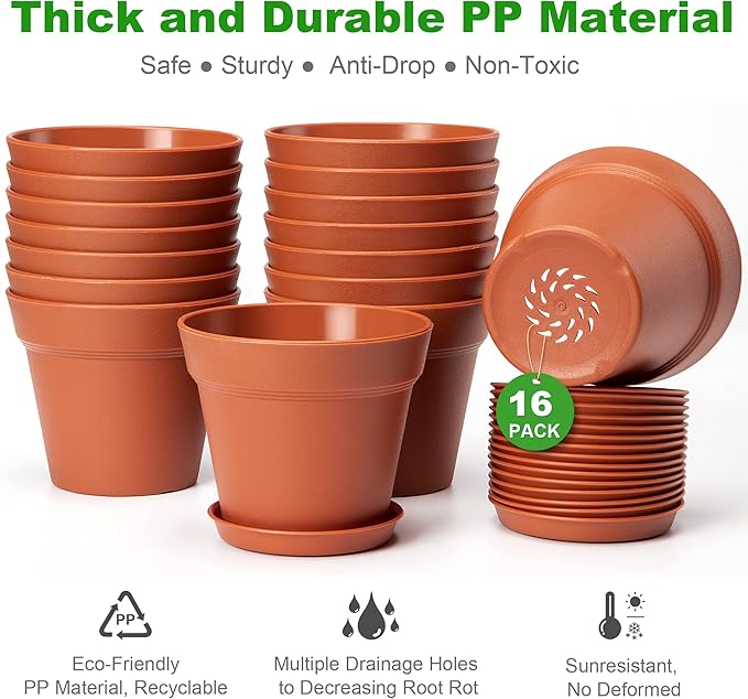 4 inch Plant Pots 16 Pack, Small Plant Pots with Drainage Holes and Tray, Thickened Indoor Planters Seedlings Pots for Flowers, African Violet, Succulent and All House Plants, Terracotta