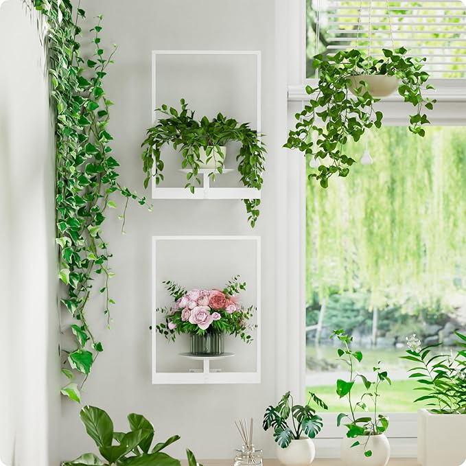 White Metal Wall Plant Holder - 2-Pack Wall Mounted Plant Stands and Hanging Holders for Indoor Planter and Flower Pot -Rectangle Decor Shelf for Plant Storage (Pot Not Included)