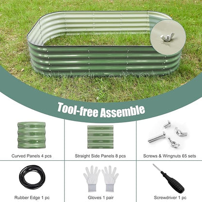 2-Pack Galvanized Steel Raised Garden Beds 8x2ft Oval - 17" Tall 9-in-1 Modular Planter Boxes for Vegetables/Flowers, Rust-Proof Metal Outdoor Planters with Rubber Edging (Green, Set of 2)