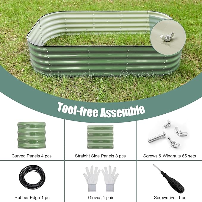 Galvanized Steel Raised Garden Bed 8x2ft Oval - 17" Tall 9-in-1 Modular Planter Box for Vegetables/Flowers, Rust-Proof Metal Outdoor Planters Rubber Edging (Green)