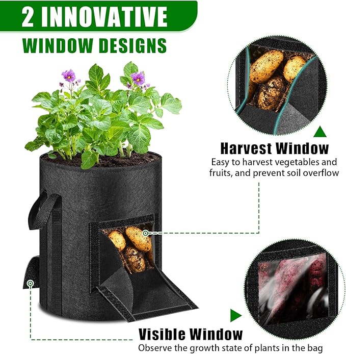 MJZ 5 Pack 10 Gallon Potato Grow Bags with Harvest Observation Windows, 380G Thickened Potato Bags for Growing Potatoes, Heavy Duty Nonwoven Fabric Garden Growing Containers to Grow Vegetable Tomatoes