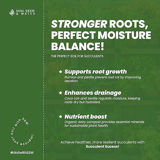 Soil Seed & Water Succulent Success Potting Mix – Fast-Draining Soil for Succulents, Cactus & Houseplants - Indoor and Outdoor Mix - OMRI Listed