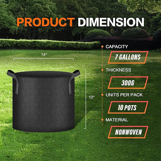 iPower 10-Pack 7 Gallon Plant Grow Bags Heavy Duty Thickened Nonwoven Aeration Fabric Container Durable Pots, Strap Handles for Garden, Black