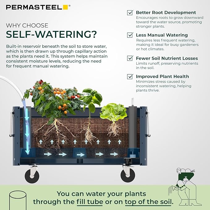 Permasteel Self-Watering Garden Bed, Rolling Planter for Vegetables, Flowers, Herbs, and Fruit, Outdoor Indoor, Caster Wheels, Blue