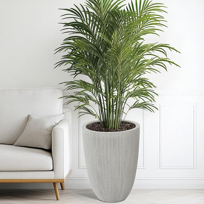 19" Tall Planter for Indoor Outdoor Plants, Set of 2 Large Flower Pot with Drainage Hole, Weather/UV-Resistant Resin Planters for Garden Patio Porch Home office Decor, Mediterranean Beige Fluted