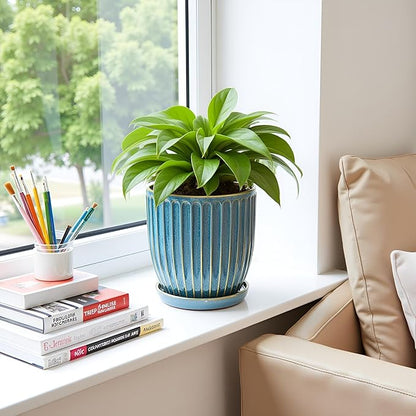 6-Inch Ceramic Plant Pots with Drainage Hole, Flower Pots Planters Pots for Indoor Plants, Flower Pots for Indoor/Outdoor Plants - Succulent, Snake Plant, Money Tree, Basil Planter, Glaze Blue