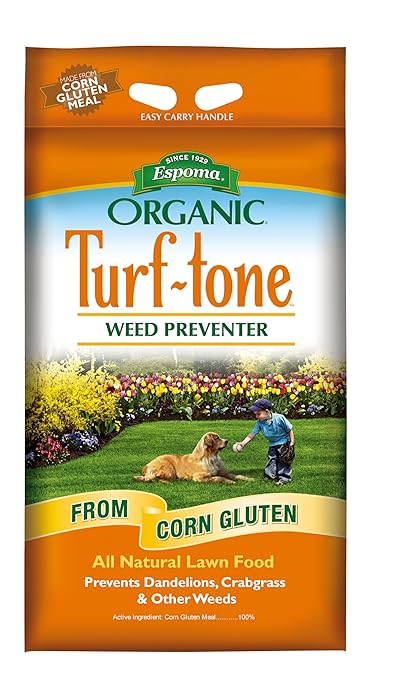 Espoma Organic Turf-Tone Weed Preventer Plus Lawn Food from 100% Corn Gluten Meal. Helps Prevent Weed Seed Establishment and Provides Organic nitrogen That Keeps lawns a deep Green Color. 25 lb. Bag