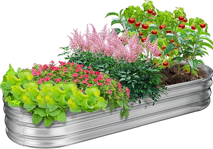 GOOZOO Galvanized Planter Raised Garden Bed, 4x2x1ft Raised Garden Bed Kit for Gardening Outdoor, Oval Metal Land Planter Box for Vegetables, Fruits, Flowers（Silver）