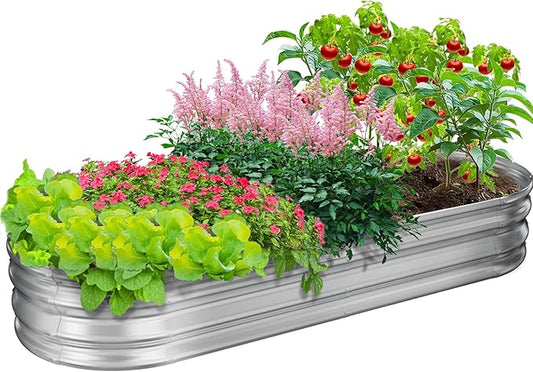GOOZOO Galvanized Planter Raised Garden Bed, 4x2x1ft Raised Garden Bed Kit for Gardening Outdoor, Oval Metal Land Planter Box for Vegetables, Fruits, Flowers（Silver）