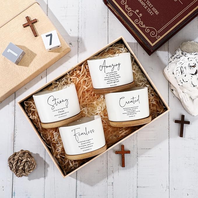 Sieral 4pcs Bible Verse Succulent Pots 3 x 3 x 2 Inch Mini Ceramic Succulent Planters with Bamboo Tray Small Plant Pots Christian Gift for Church Women Men Pastor, Plants Not Included (Classic)