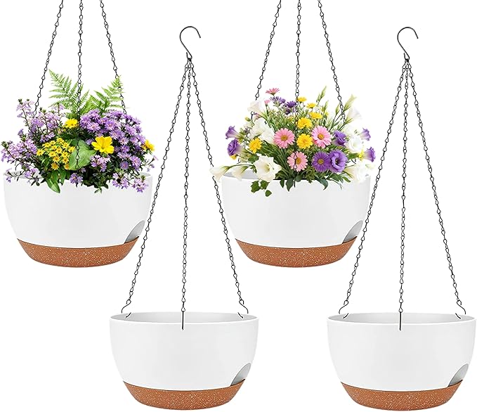 Set of 4-8 Inch Self Watering Hanging Planters for Indoor Outdoor，Hanging Plant Pots with Drainage & Removable Tray, Hanging Pots Holder for Ivy, Pothos, Ferns, Balcony & Patio, White Brown