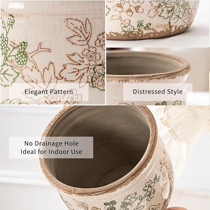 Set of 2 Ceramic Planters for Indoor Plants, 4.7+5.7 Inch Vintage Pots without Drainage Hole , Pastoral Rustic Planter Set, Decorative Ceramic Plant Pots for Flower, Indoor Planter Pots for Home Decor