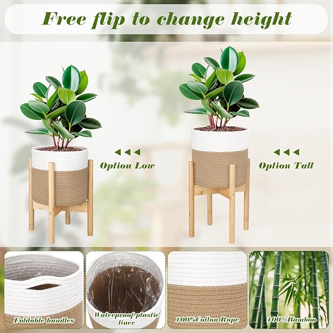 Plant Basket with Stand Indoor Planter Pot Holder Sturdy Jute Rope Modern Woven Basket, Cotton Rope Woven Pot with Bamboo Stand(White and Yellow,10 Inch)