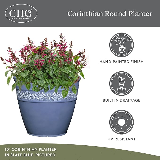 Classic Home and Garden Corinthian Resin Planter Pot - Outdoor & Indoor Plant Pot - Round Planter for Plants & Flowers (13" Storm Gray, Pack of 1)