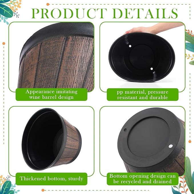 Layhit 10 Pack 9.8 Inch Whiskey Barrel Planter Flower Pot Plant Pots with Drainage Holes and Saucers Garden Planter Imitation Wine Design Plastic Barrel for Indoor Outdoor Plants Garden (Coffee Brown)