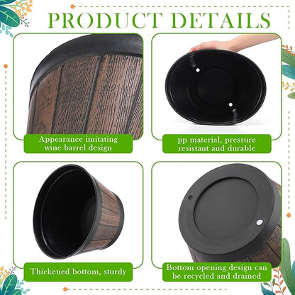 Layhit 10 Pack 9.8 Inch Whiskey Barrel Planter Flower Pot Plant Pots with Drainage Holes and Saucers Garden Planter Imitation Wine Design Plastic Barrel for Indoor Outdoor Plants Garden (Coffee Brown)