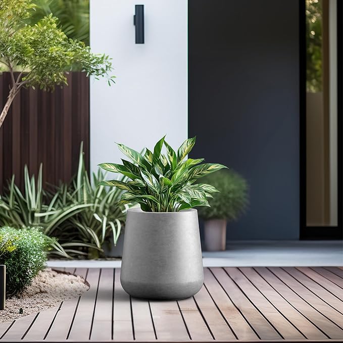 Kante 9.8-Inch Dia Round Concrete Garden Pot with Drainage Hole & Rubber Plug - Indoor/Outdoor Lagre Plant Pot for Home, Garden, Patio, Natural Concrete