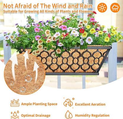 Riare 2 Pack 16 Inch Window Boxes Planters with Coco Liner, Metal Deck Railing Planter Boxes, Balcony Planters Railing Hanging, Horse Trough Window Flower Planter Boxes for Outdoor Porch Fence Patio