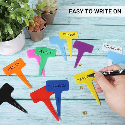 Greaner 4 Inch Plant Identification Stakes, 100 PCS Durable Garden Plant Markers, Plastic Plant Tags with Marker Pen, T-Type Plant Name Stakes for Vegetable, Herb, Flower, Tree(Multicolor)