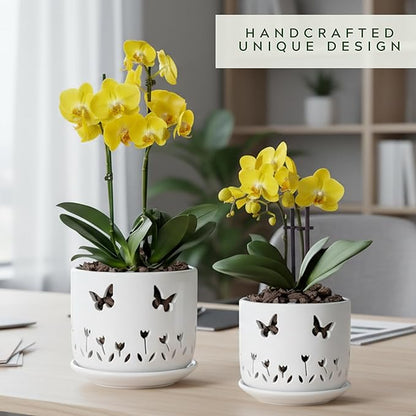 2 Pack, 5 + 6 Inch White Orchid Pots with Butterflies and Tulips Holes and Saucer, Ceramic Orchid Planters for Repotting with Drainage Holes and Tray Indoor Outdoor, Butterfly Gift