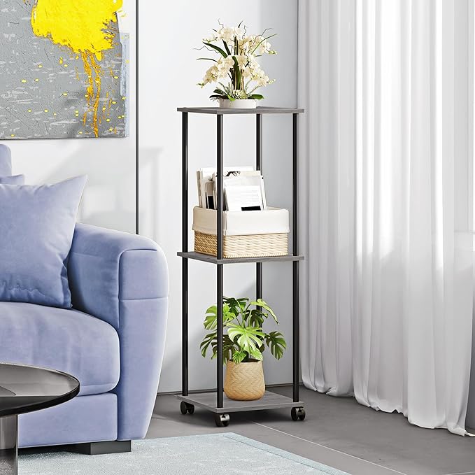 3 Tier Tall Plant Stand Indoor with Wheels, Movable Plant Shelf Metal Wood Multiple, Flower Pot Holder for Living Room Office Balcony Patio, Oak Grey