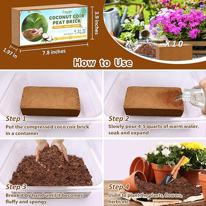 Legigo Pack of 10 Organic Coco Coir Bricks- 100% Natural Compressed Coco Peat Brick Coconut Fiber Substrate with Low EC&pH Balance, Plant Soil Enhance Root Growth for Herbs, Flowers, House Plants