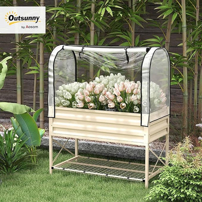 Outsunny Raised Garden Bed with Cover and Storage Shelf, Rectangular Metal Elevated Planter Box with Legs and Bed Liner for Vegetables, Flowers, Herbs, Cream