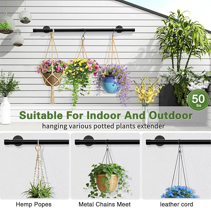 Plant Hanging Rod, 31 Inch Plant Hanger Indoor for Window Ceiling, Heavy Duty Hanging Planters for Indoor Plants, Black Wall Plants Holder, Window Plants Shelves Pot/Chain/Plant Not Included