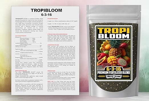Fertilizer Commercial Grade | TropiBloom 6-3-16 | 1 Pound | Custom Professional Mix Blend | High-Potassium | Tropical Fruit Trees | Micronutrients with Chelated Iron | Support Yield Flavor Structure