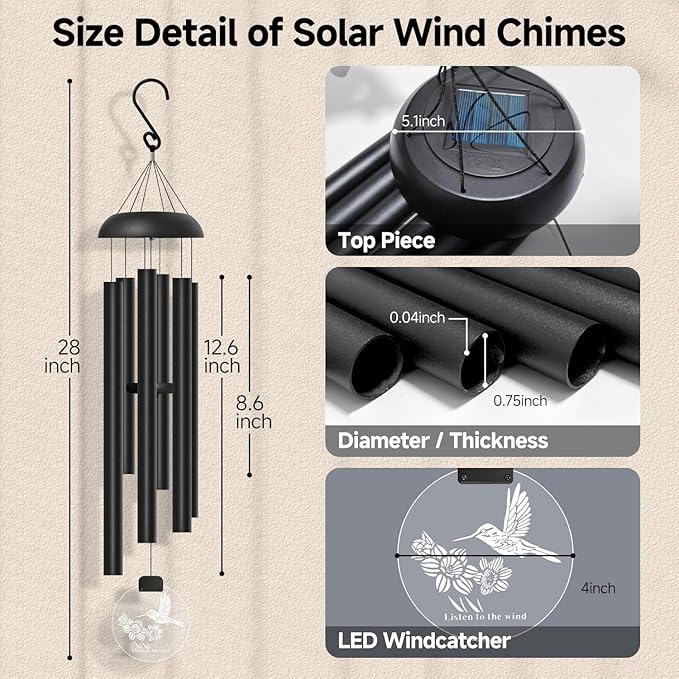 Solar Wind Chimes for Outside, 6 Tubes Relaxing Melody Wind Chimes with Hummingbird LED Windcatcher, Windchimes for Garden Patio Decor, Great Gift Idea for Mother's Day