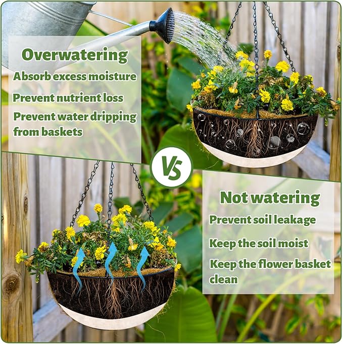 Hanging Basket Self Watering Liner, 10x10 Inch 30-Pack Premium Felt Plant Liners - Reusable, Water Retention & Drainage for Healthier Plants, Fits Wire and Coconut Hanging Baskets, Pots