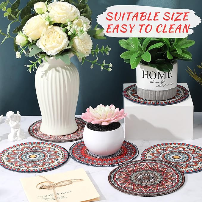 Nuanchu 6 Pcs Boho Plant Pot Mat Absorbent Non Slip Pot Plant Pad Round Plant Coaster Mat Gardening Indoor Outdoor Flower Plant Protect Mat for Table Desk Floor Plant, 5.9 Inches (Elegant Style)