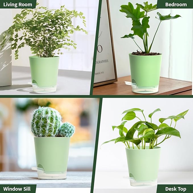4 Inch 10 Pack Small Self Watering Pots for Indoor Plants, Nursery Pot with Drainage Holes and Saucers, Plastic Small Flower Planter for Succulent, Aloe, Cacti and More (Green)