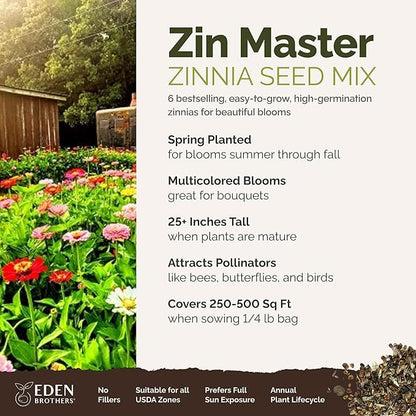 Eden Brothers Zin Master Flower Mixed Seeds for Planting, 1/4 lb, 120,000+ Seeds with California Giant, Mexican, Lilliput Zinnia | Attracts Pollinators, Plant in Spring, Zones 3, 4, 5, 6, 7, 8, 9, 10
