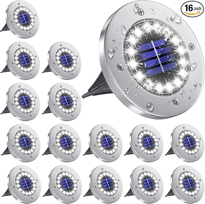 NFESOLAR 16 Pack Solar Lights Outdoor, 16 LEDs Bright Solar Ground Lights Outdoor Waterproof for Pathway Garden Yard Lawn Walkway Driveway (White)