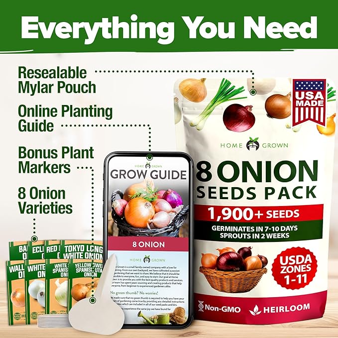 HOME GROWN 8 Onion Seeds for Planting 1,600 Heirloom Vegetable Seeds Grow Sweet, Yellow, Red, Spanish, Green & Vidalia Onions in Outdoor or Indoor Home Garden