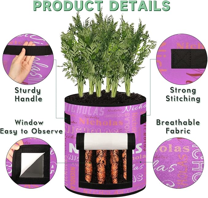 Custom Name Grow Bags 10 Gallon Personalized Breathable Potato Growing Bag with Flap Harvest Window and Handles Garden Planting Bag for Tomato Vegetable Fruits 2 Pack Mauve