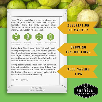 Toma Verde Tomatillo Seeds for Planting - Heirloom Mexican Green Husk Tomato, High Yield Non-GMO Variety for Salsa Verde and Authentic Mexican Cooking - Survival Garden Seeds (2 Packs)