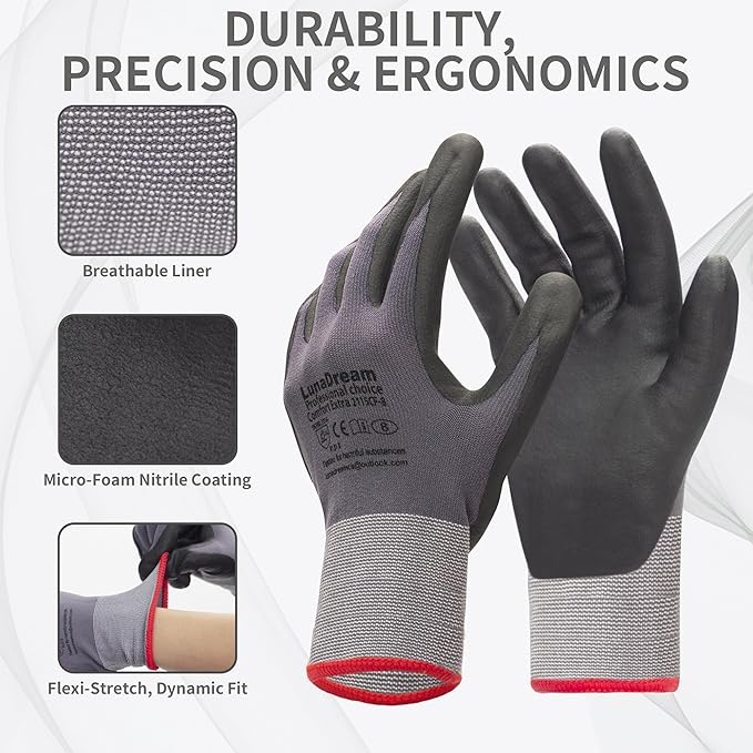 LunaDream Micro-Foam Nitrile Coated Gloves-12 Pairs, Seamless Knit Design, Perfect for Home Projects and Construction