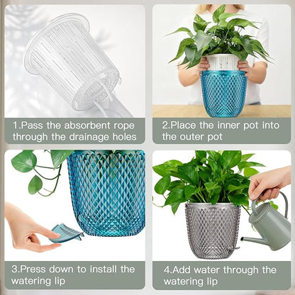 QCQHDU 2 Pack Self Watering Pots, 7.2 Inch Flower Pots with Drainage Holes and Water Filling Port, Garden Planter for Indoor Outdoor Plants (Gray)
