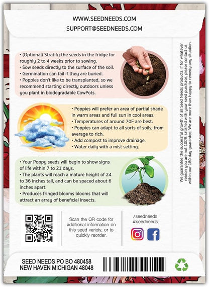 Seed Needs Danish Flag Poppy Seeds for Planting - Heirloom & Open Pollinated Annual Flowers - Attracts Pollinators/Butterflies to a Butterfly Garden (1 Pack)