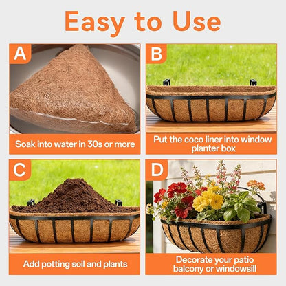 Halatool 3 Pack 24 Inch Trough Coconut Liners for Planters Natural Coco Fiber Replacement Liners for Window Box Fence Railing Wall Windowsill Planter