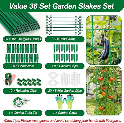 123PCS Garden Stakes Set with 36PCS 16 Inch Fiberglass Plant Sticks and Stake Arms, DIY 4ft 5ft 6ft 7ft 8ft Tomato Stakes, Garden Stakes for Vegetables Tomato Pepper Indoor Outdoor Plants