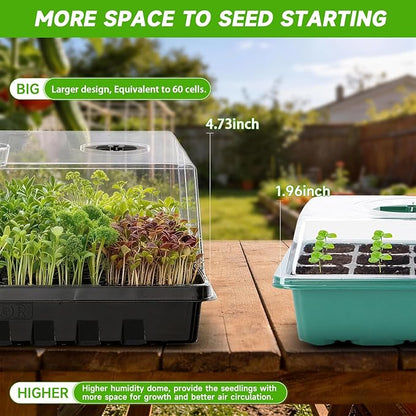Seed Starter Tray, Gardening Plant Grow Trays Kit for Seedling, Germination Trays with 4.72 Inch High Humidity Domes，Large Growing Space & Better Air Flow for Seed Starting, Mini Greenhouse, 3PCS