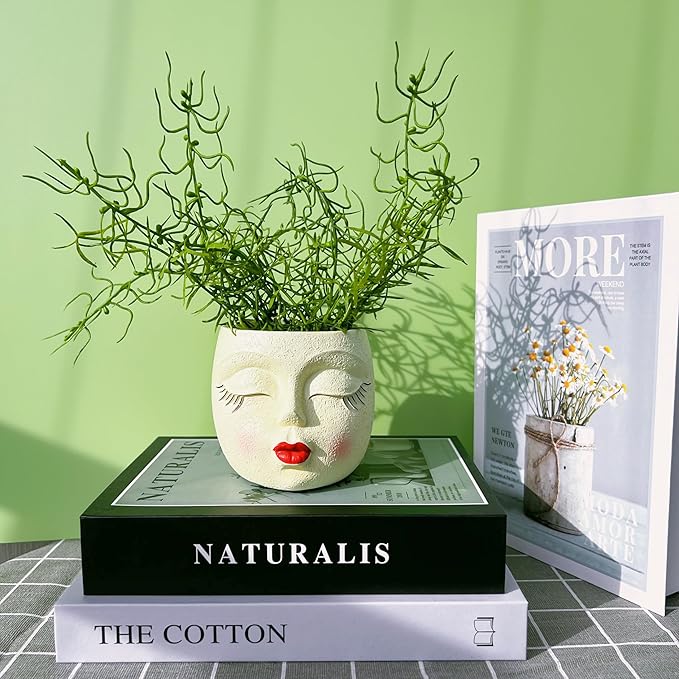 Girl Face Flower Pot Small Lady Head Planter Funny Flower Pot for Cactus Lovely Resin Head Face Planter with Anti-Friction Pads Pale Yellow 1Pack